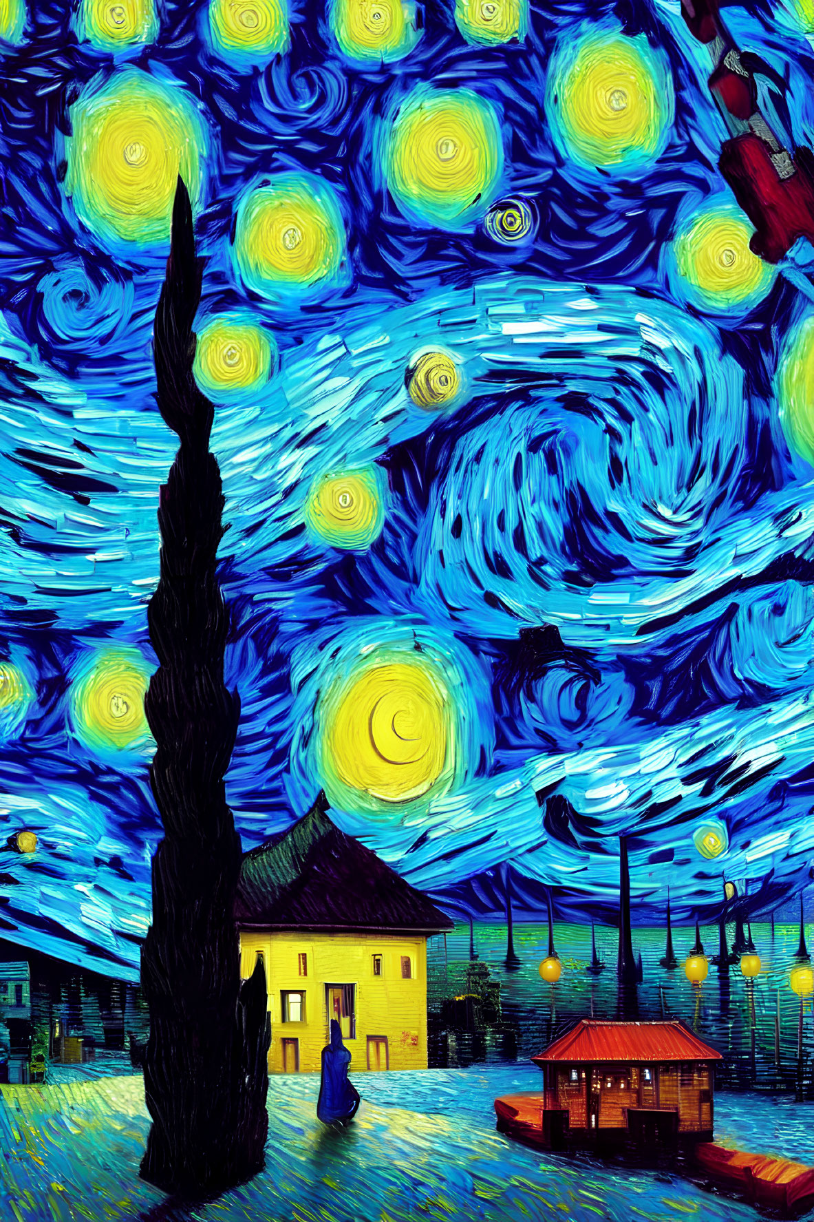 Vibrant post-impressionist night sky with stars, crescent moon, and cypress tree