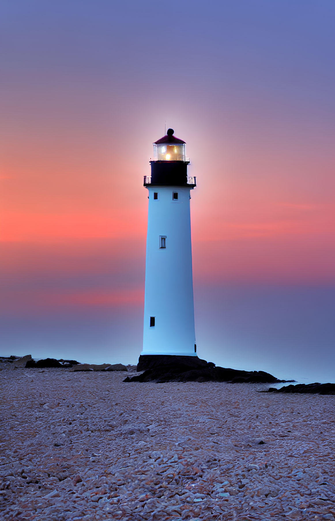 White lighthouse on rocky shore under pink-blue sunset sky