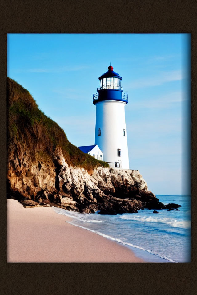 White lighthouse with red cap on rocky cliff overlooking serene beach and calm ocean.