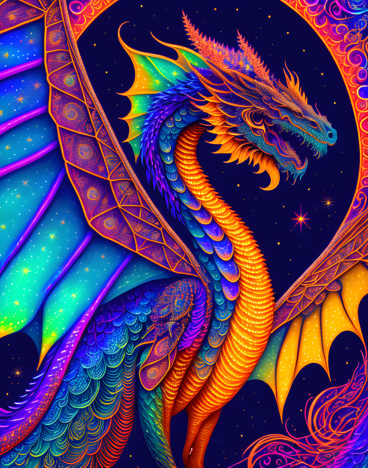 Colorful Dragon Artwork with Cosmic Background