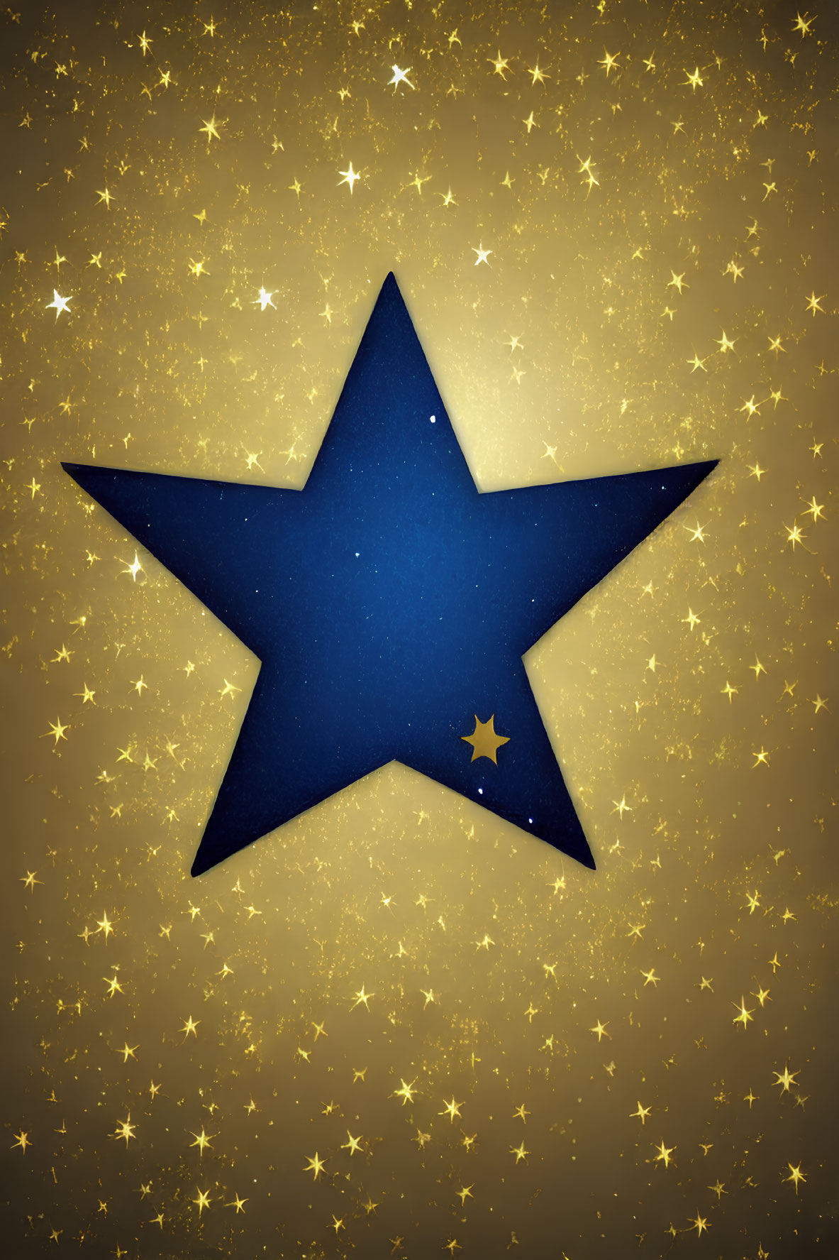 Dark Blue Star Cutout on Glittery Gold Background with Tiny Stars