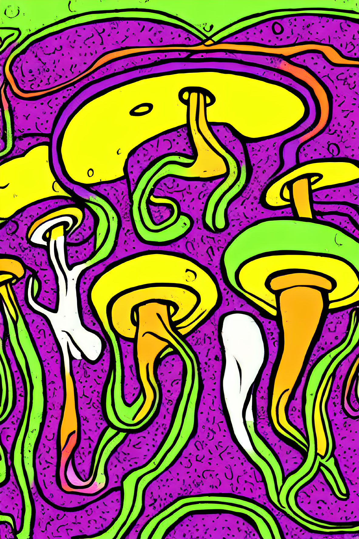 Vibrant Abstract Illustration: Yellow, Orange, and White Mushroom Shapes on Purple and Green Background