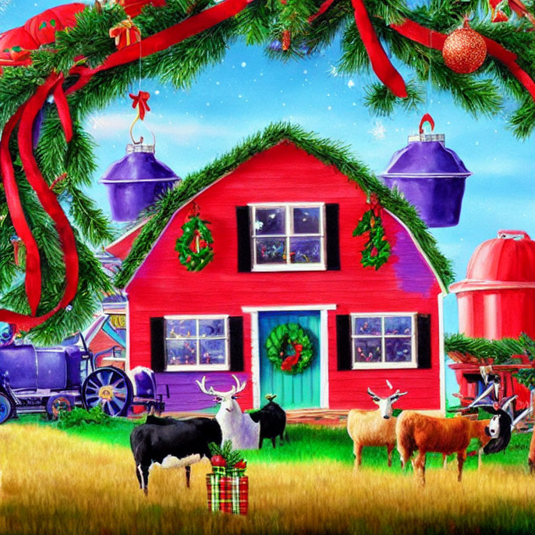 Red Barn and Cows in Festive Farm Scene