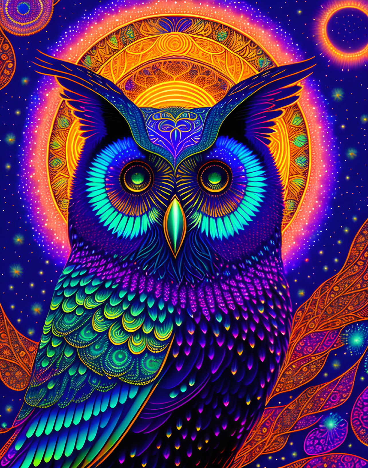 Colorful Psychedelic Owl Illustration on Celestial Background