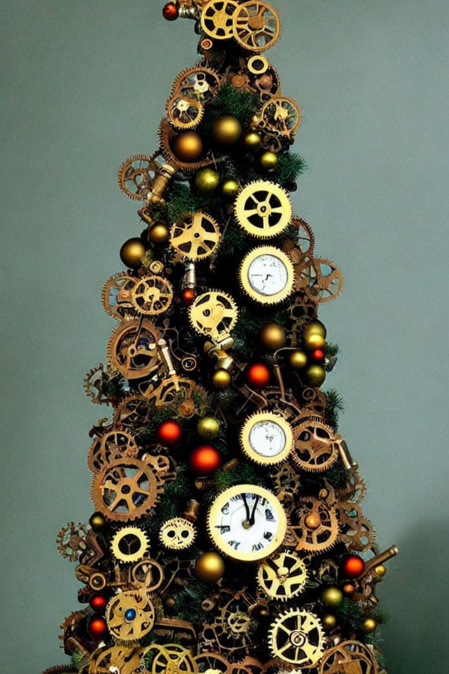 Christmas tree decorated with gears, cogwheels, and clock faces on grey background