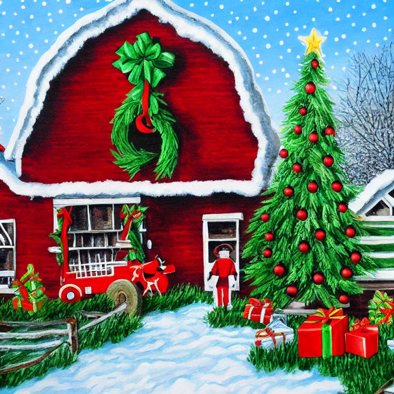 Vibrant festive illustration with red house, Christmas tree, gifts, snow