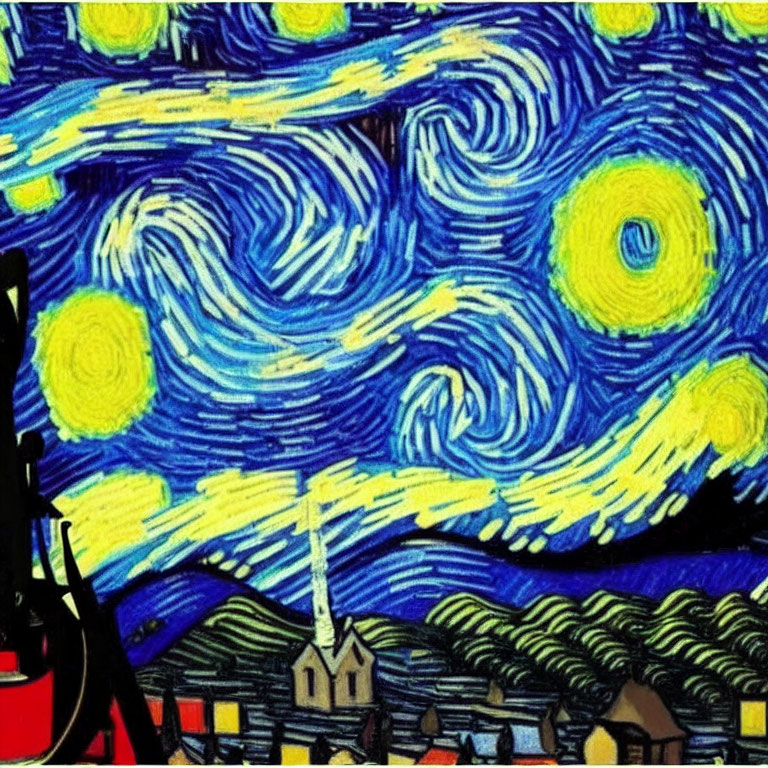 Swirling night sky with stars, moon, cypress tree, and village - Expressionist painting