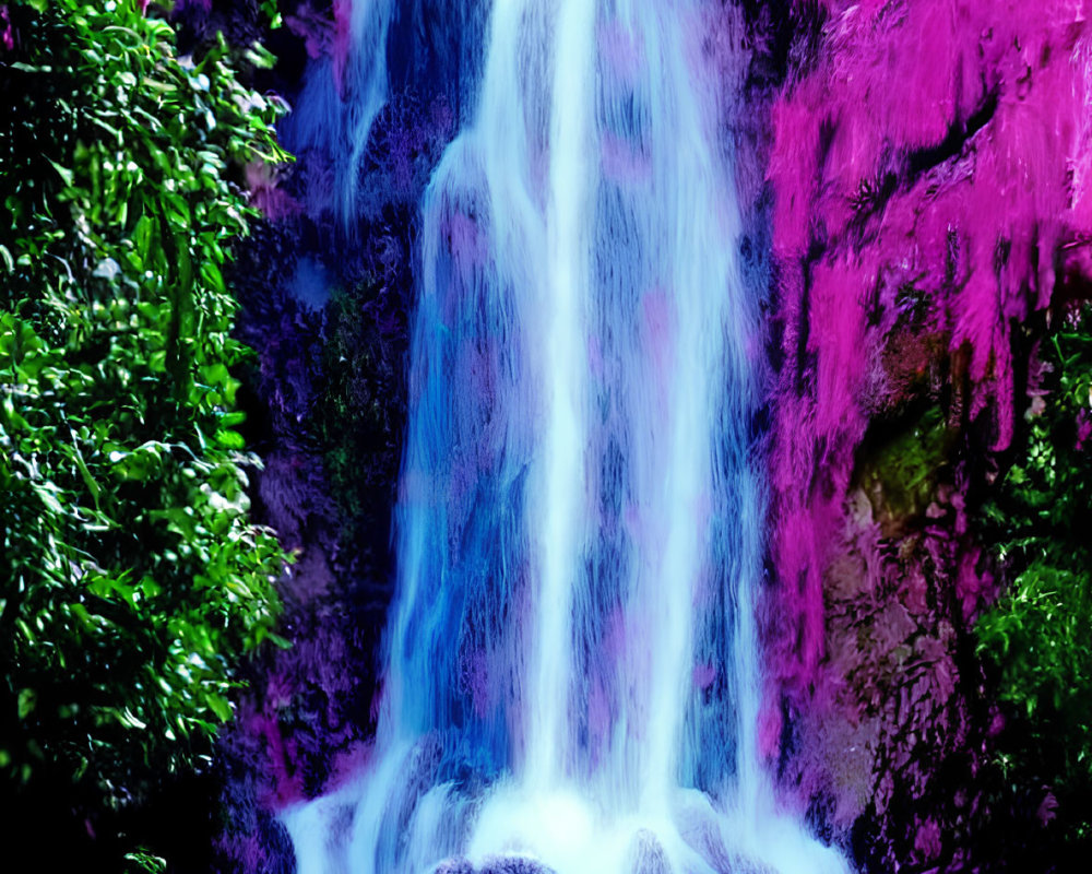 Surreal neon pink foliage waterfall with bright blue water