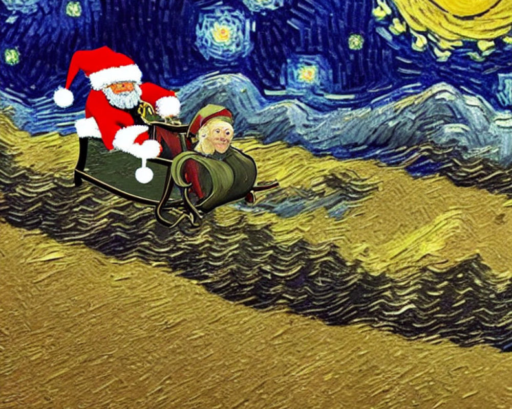 Santa Claus in sleigh flying through Starry Night painting by Vincent van Gogh