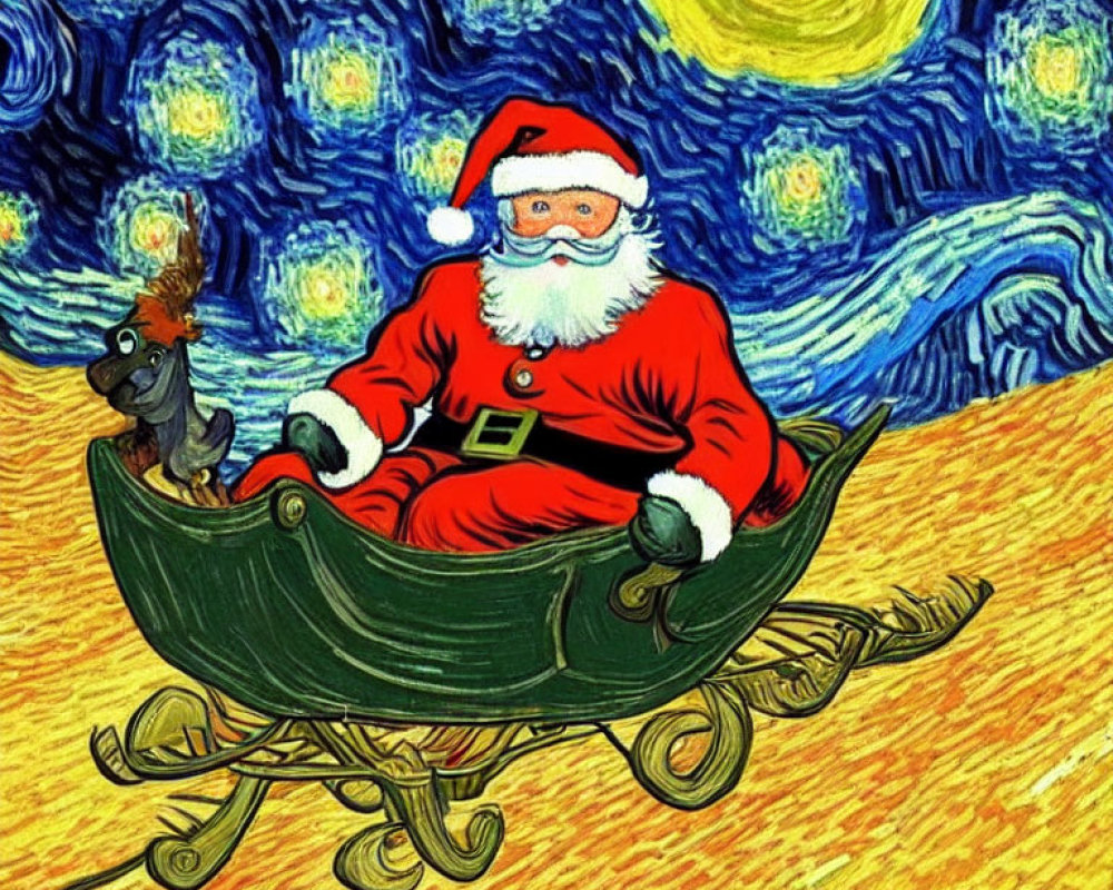 Santa Claus and reindeer in Starry Night style sleigh.