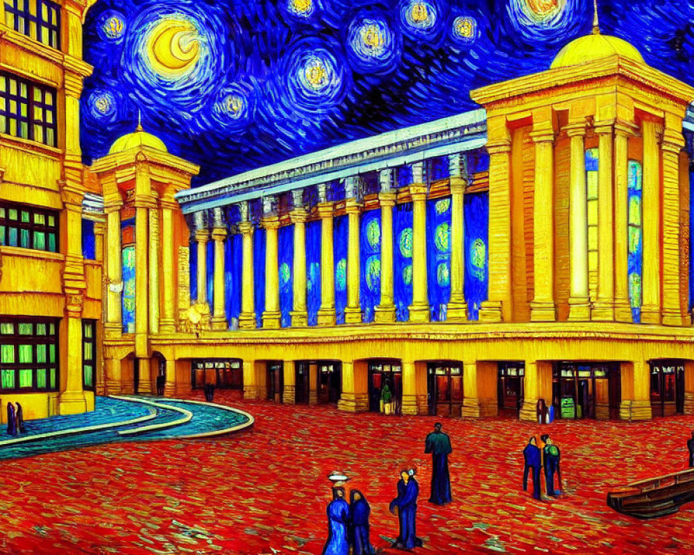 Illustration of plaza with classical architecture under Starry Night sky