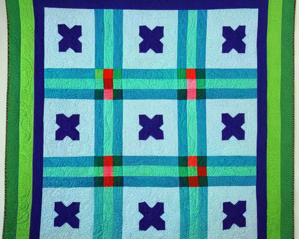 Blue Square and X Pattern Quilt with Green Borders and Red Stripes