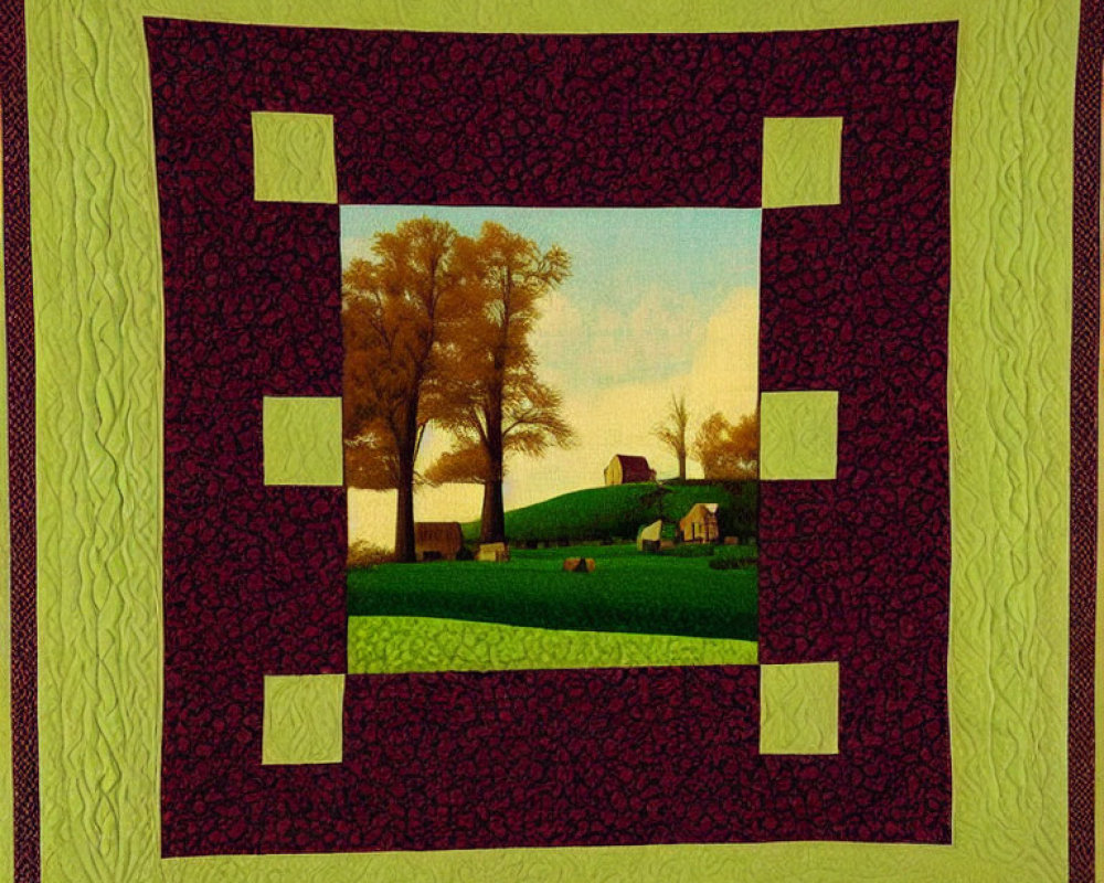 Colorful Quilt with Central Pastoral Scene and Burgundy Border