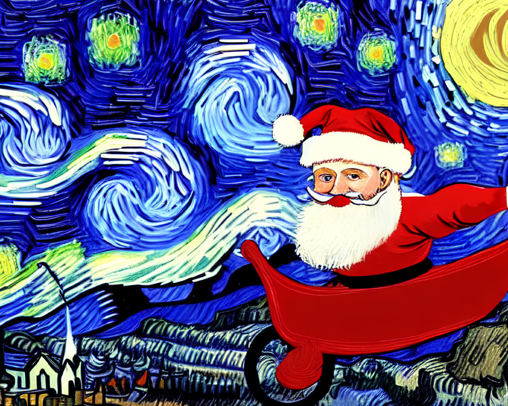 Santa Claus on sleigh in Van Gogh's Starry Night inspired scene