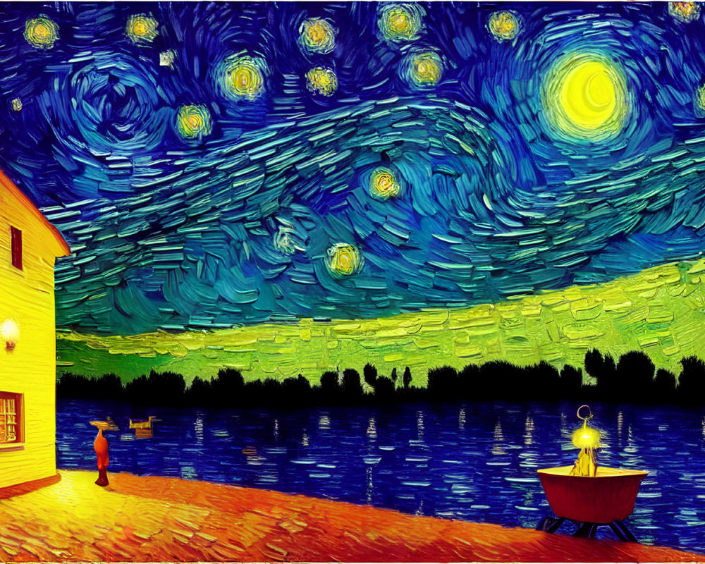 Digital artwork resembling Starry Night with yellow house, person, water body, and boat.