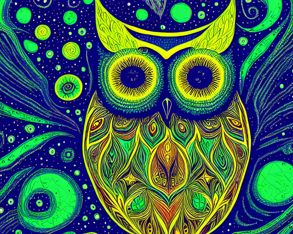 Colorful Psychedelic Owl Illustration with Cosmic Background