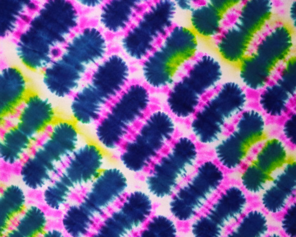 Colorful Tie-Dye Fabric with Blue, Pink, and Green Circles on Yellow