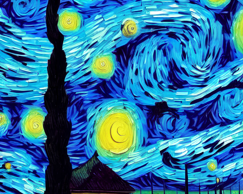 Vibrant post-impressionist night sky with stars, crescent moon, and cypress tree