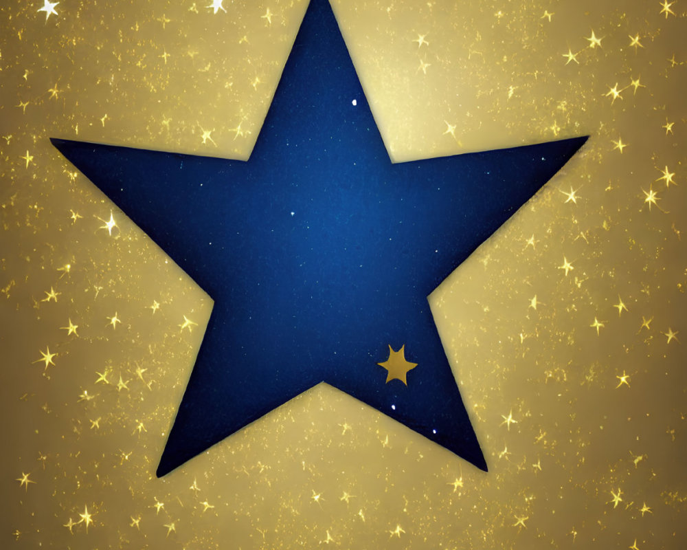 Dark Blue Star Cutout on Glittery Gold Background with Tiny Stars