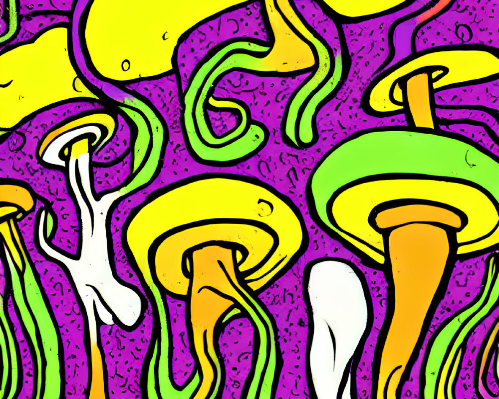 Vibrant Abstract Illustration: Yellow, Orange, and White Mushroom Shapes on Purple and Green Background