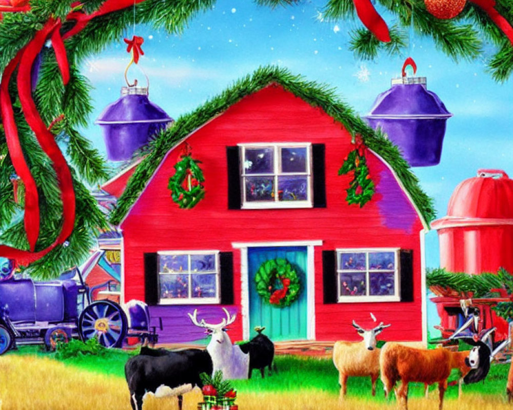 Red Barn and Cows in Festive Farm Scene