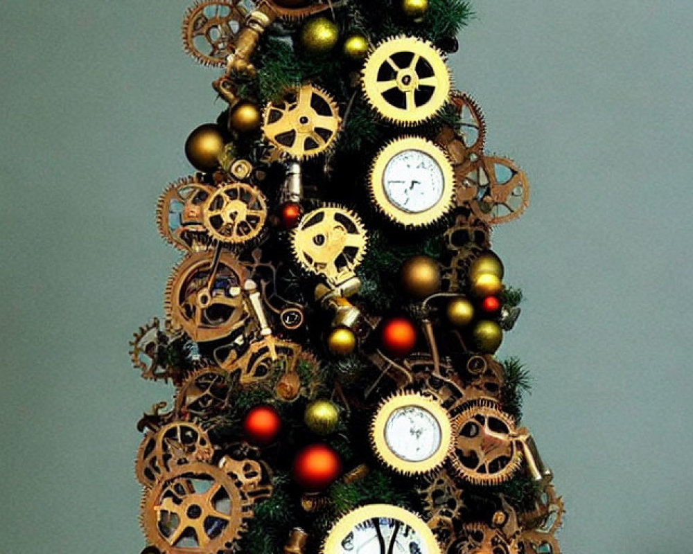 Christmas tree decorated with gears, cogwheels, and clock faces on grey background