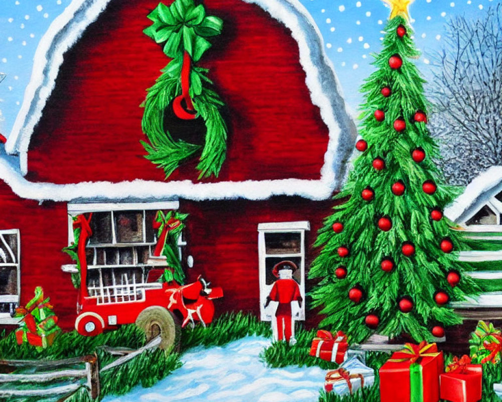 Vibrant festive illustration with red house, Christmas tree, gifts, snow