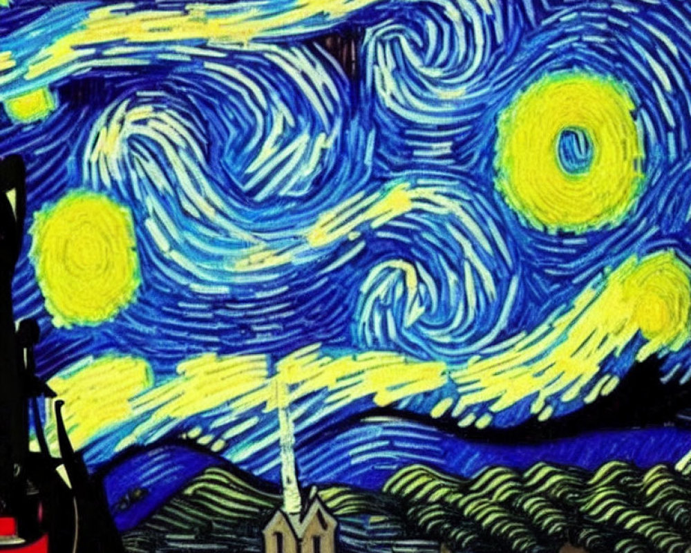 Swirling night sky with stars, moon, cypress tree, and village - Expressionist painting