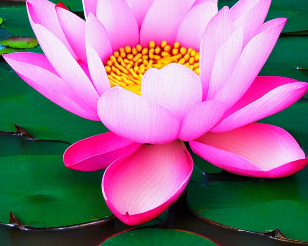 Bright Pink Lotus Flower with Yellow Center and Green Leaves