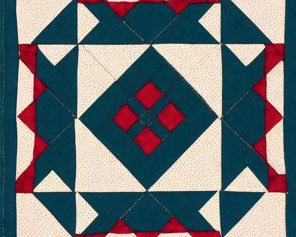 Square Quilt Pattern with Red and Teal Shapes on Cream Background