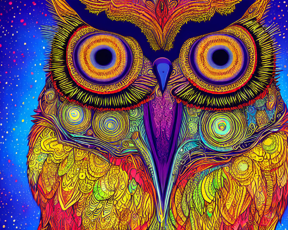 Colorful Owl Illustration with Hypnotic Eyes and Starry Night Sky