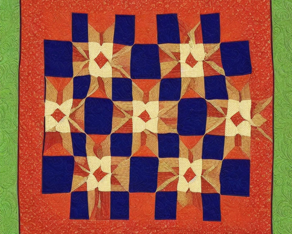 Vibrant geometric quilt in blue, orange, beige, and green.