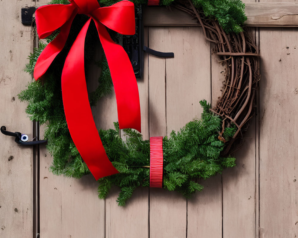 Vibrant red bow on Christmas wreath hanging on wooden door