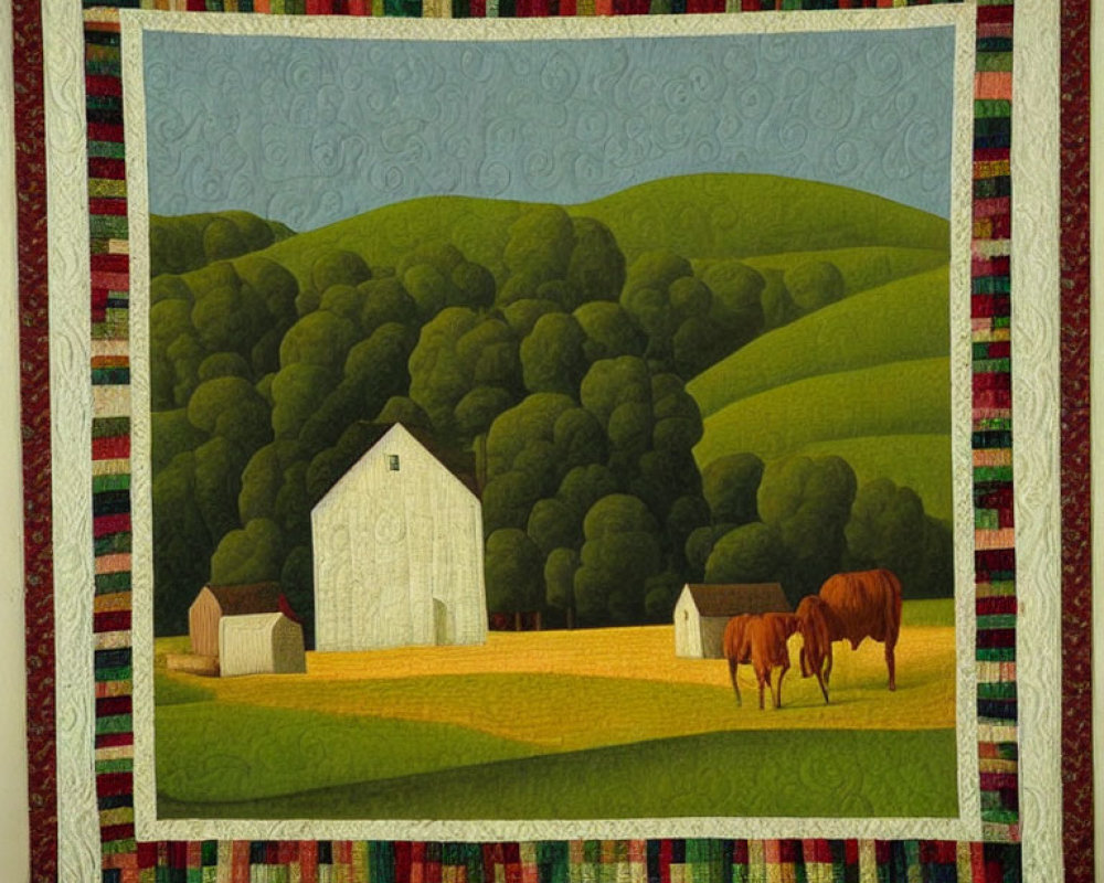 Pastoral scene quilt with white barn, horses, green hills, and patterned border