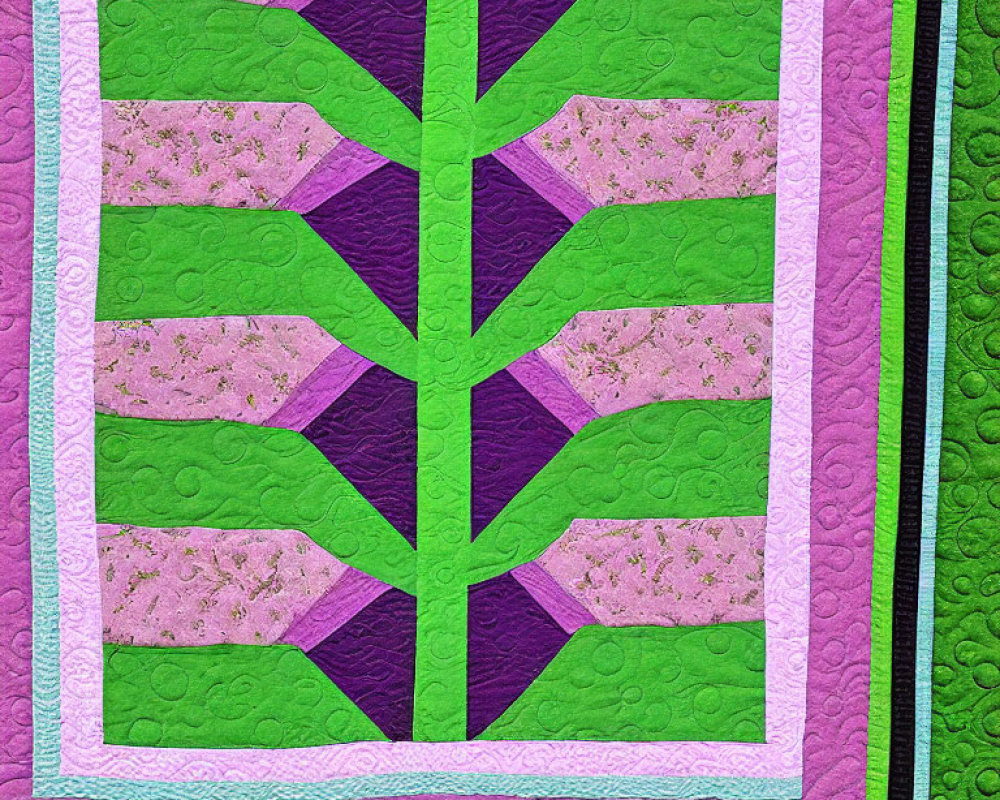 Geometric tree pattern quilt in green and purple hues with multilayered borders