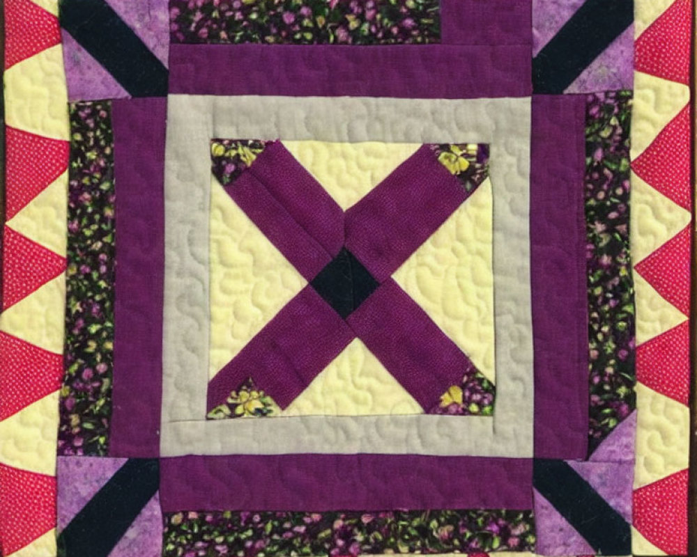 Purple Cross Quilt Block with Patterned Borders in Shades of Purple, Red, and Cream