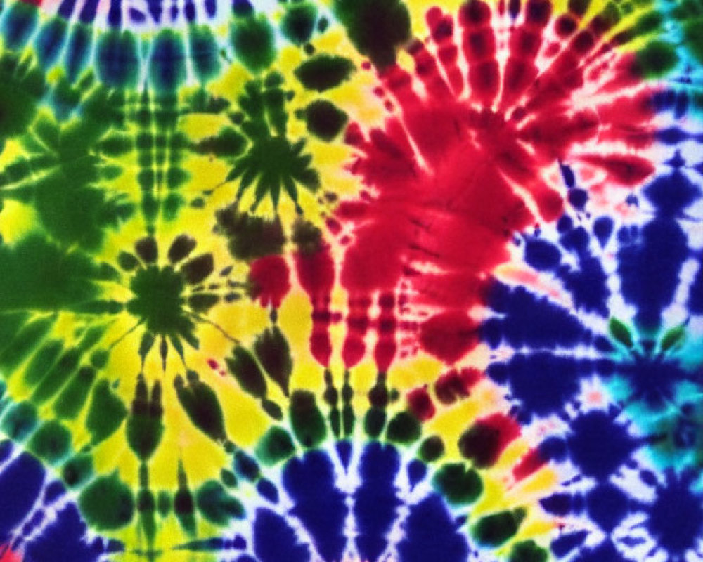 Vibrant Tie-Dye Pattern with Red, Blue, Yellow, and Green Spirals