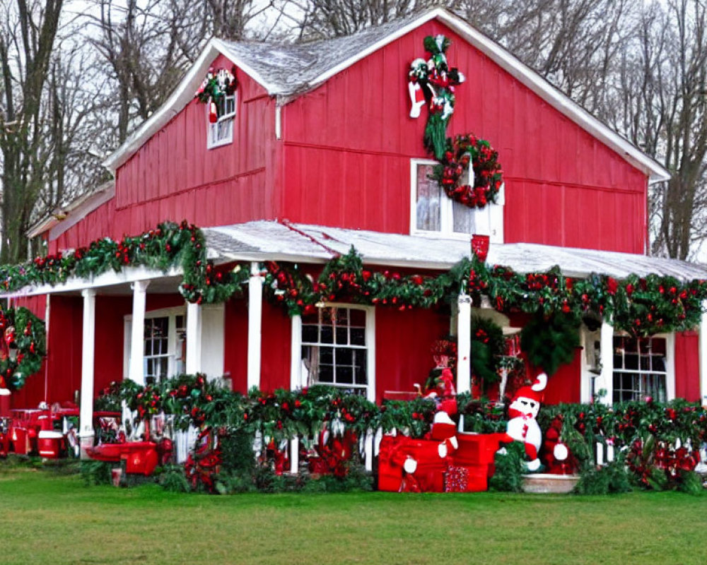 Red Barn with Festive Christmas Decorations and Inflatable Snowman