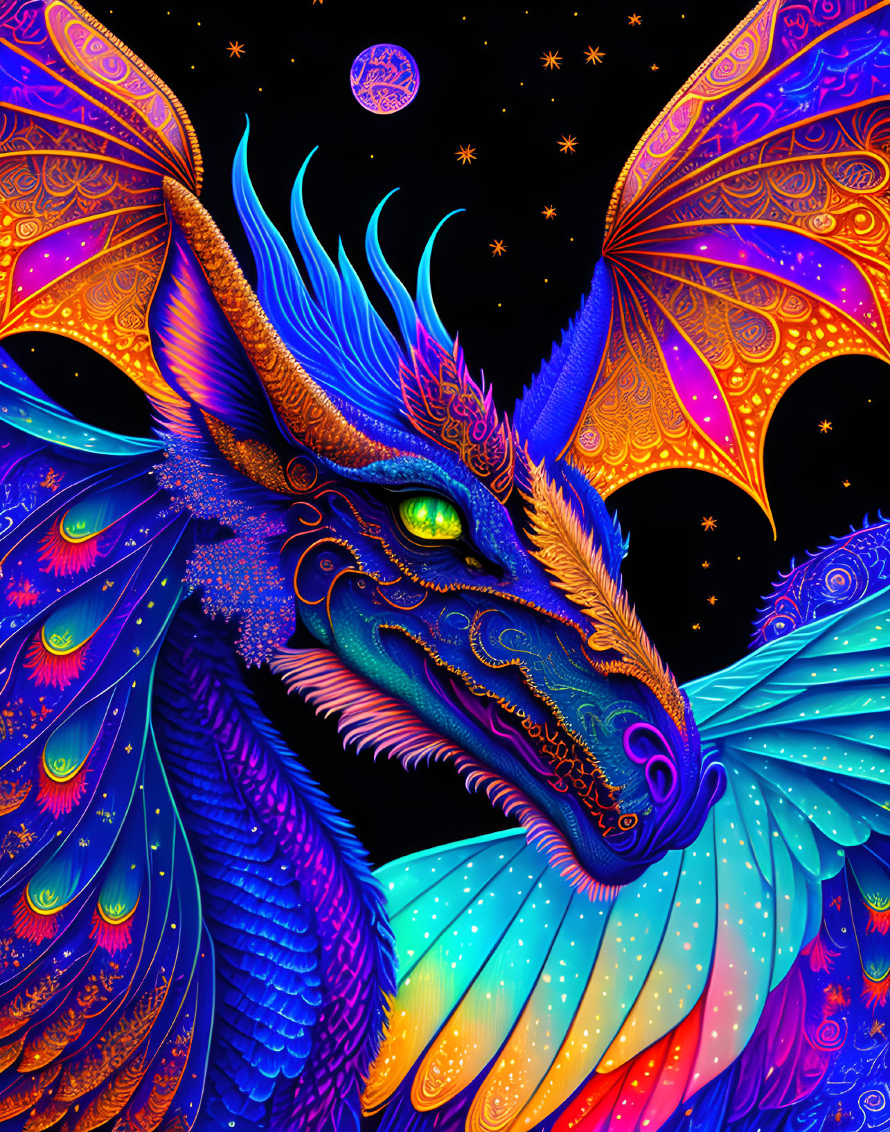 Mythical dragon digital artwork: iridescent blue and purple scales under starry night sky