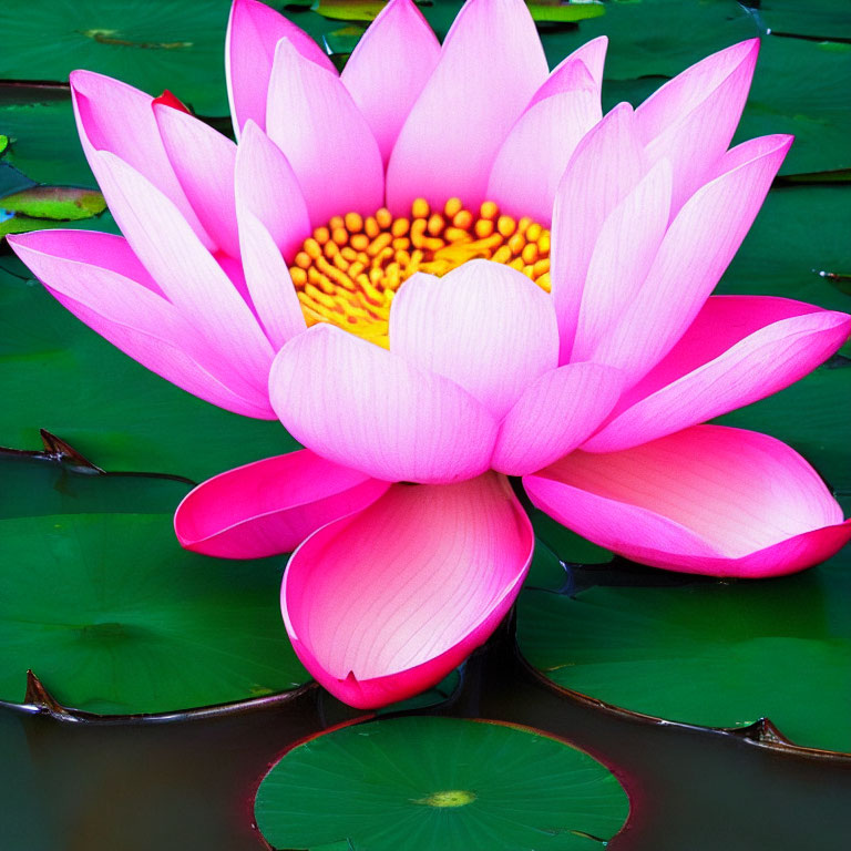 Bright Pink Lotus Flower with Yellow Center and Green Leaves