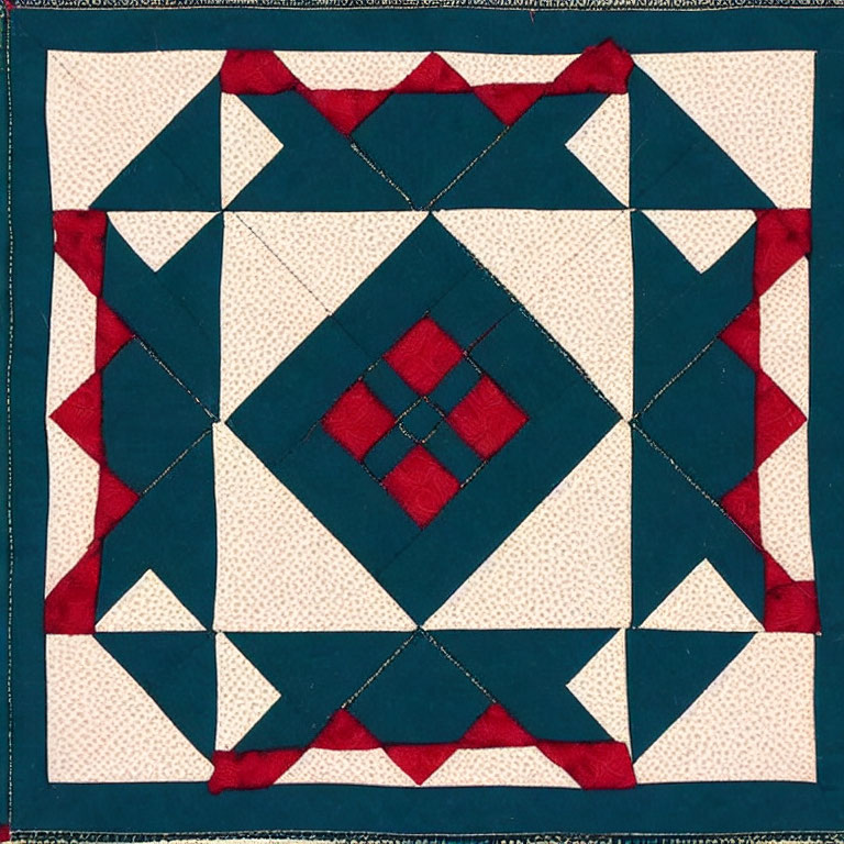 Square Quilt Pattern with Red and Teal Shapes on Cream Background