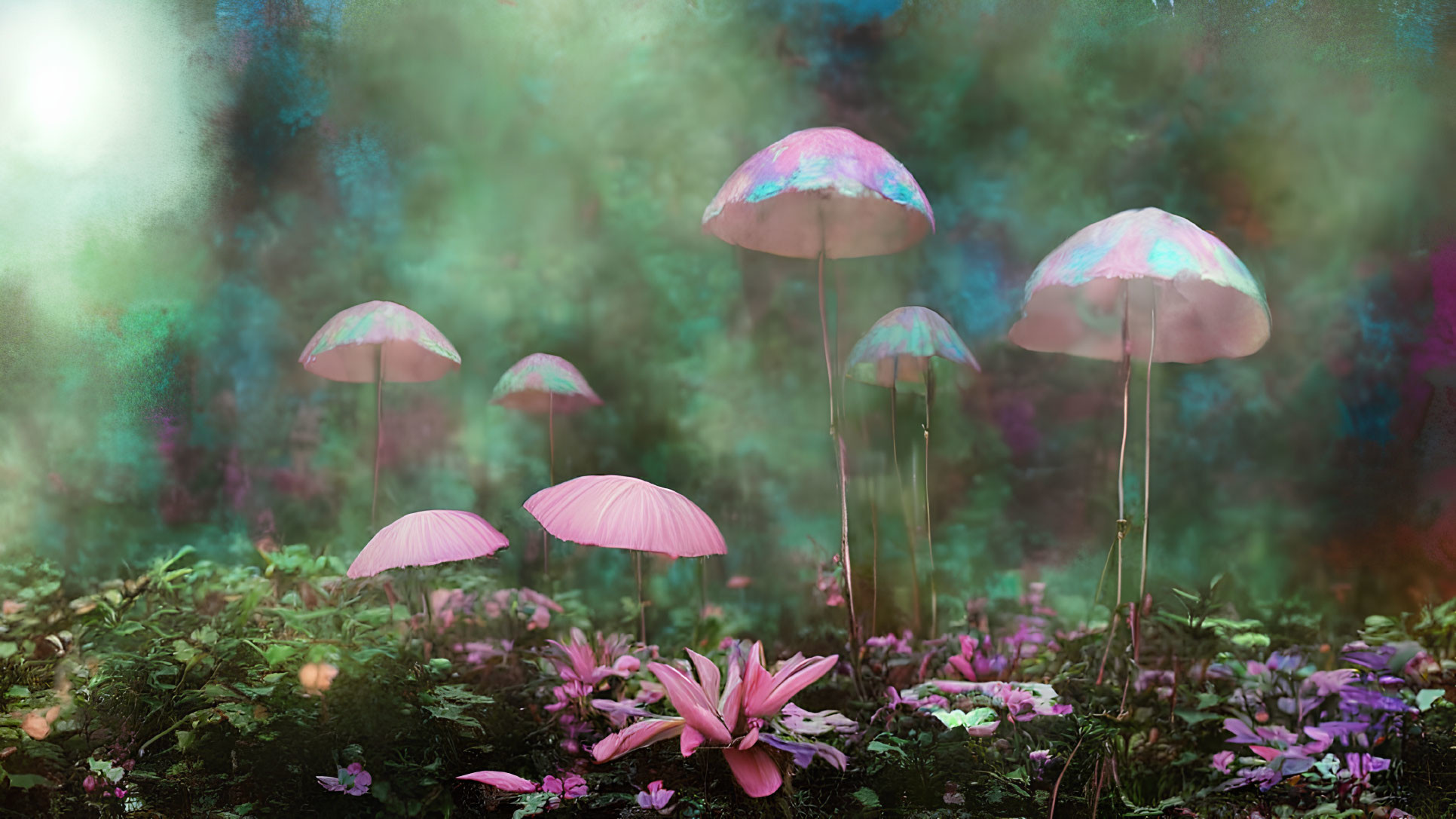 Luminescent pink mushrooms in a misty teal fantasy scene