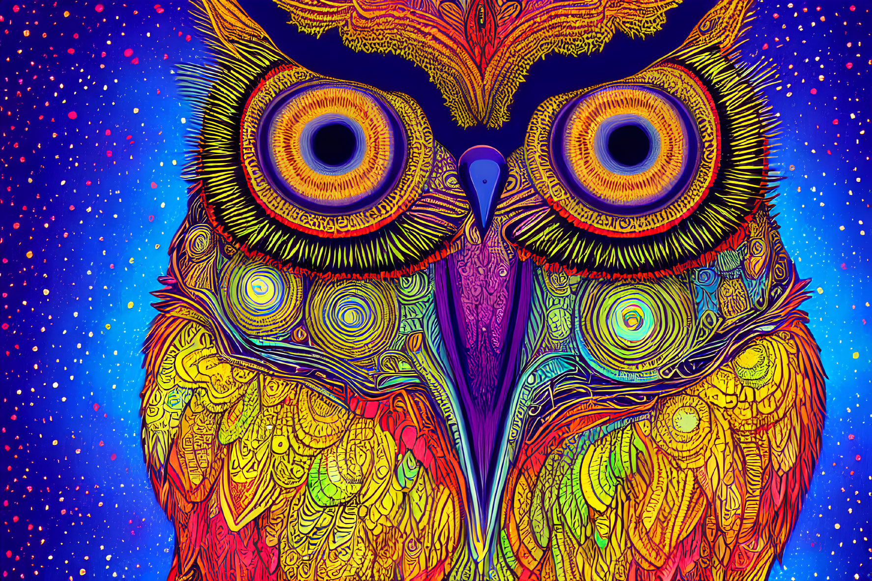 Colorful Owl Illustration with Hypnotic Eyes and Starry Night Sky