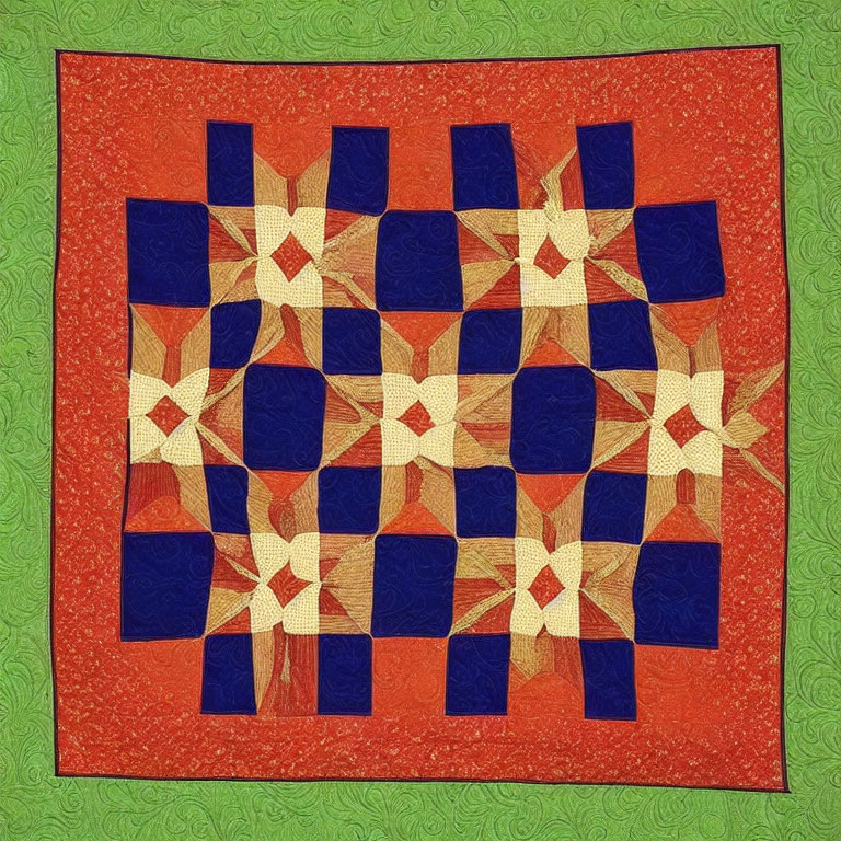 Vibrant geometric quilt in blue, orange, beige, and green.