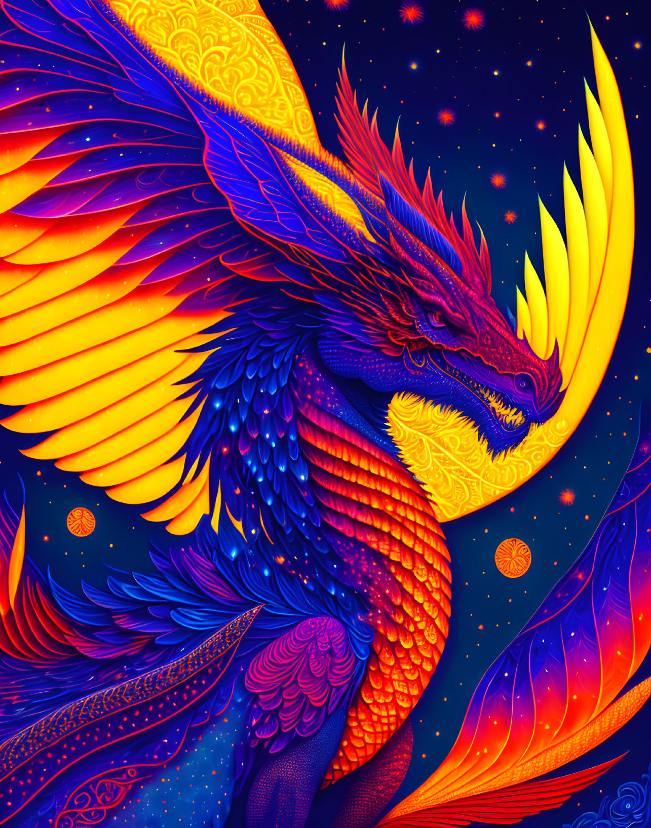 Mythical dragon illustration with vibrant colors on starry sky