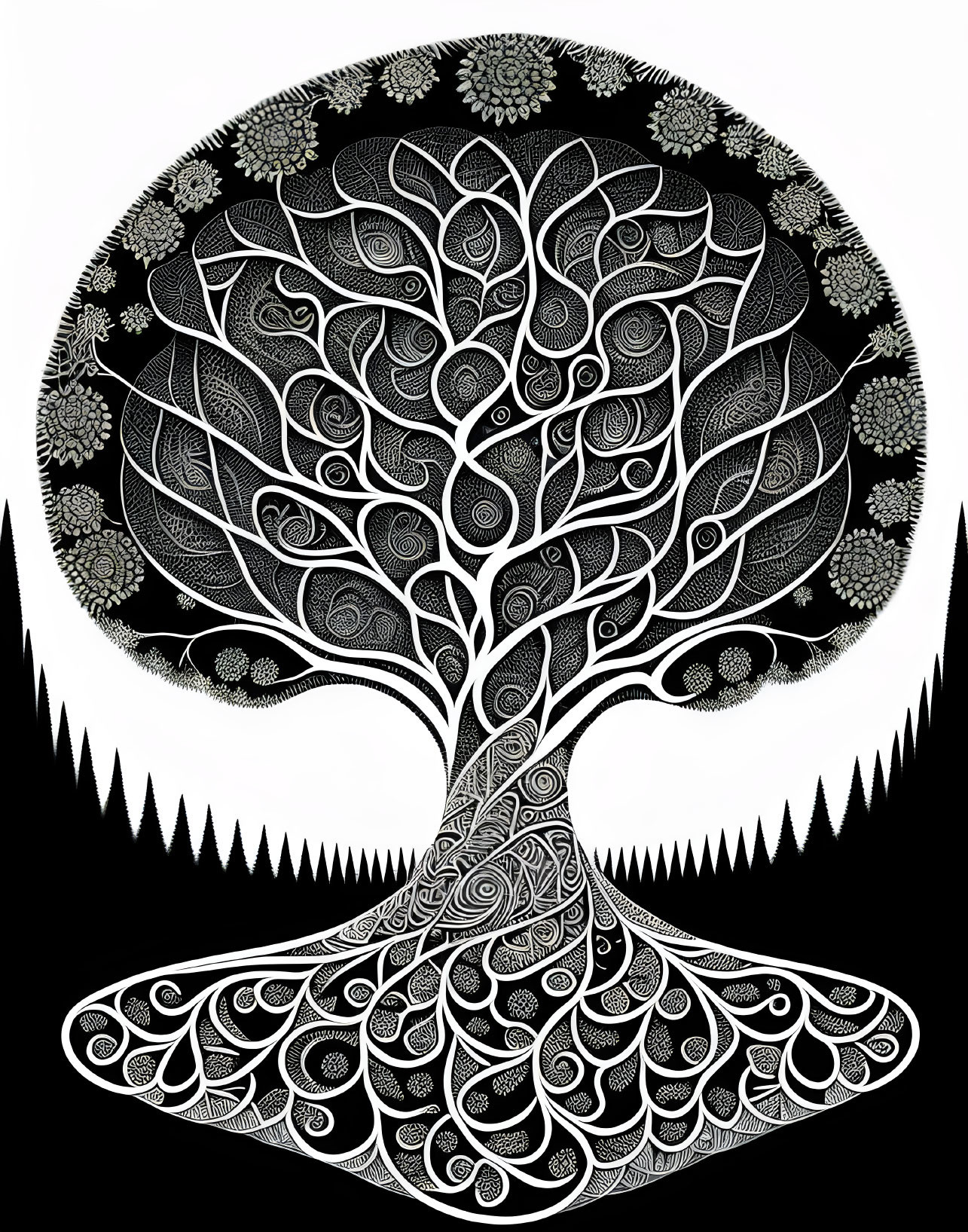 Monochrome intricate tree design on circular background with stylized grass.