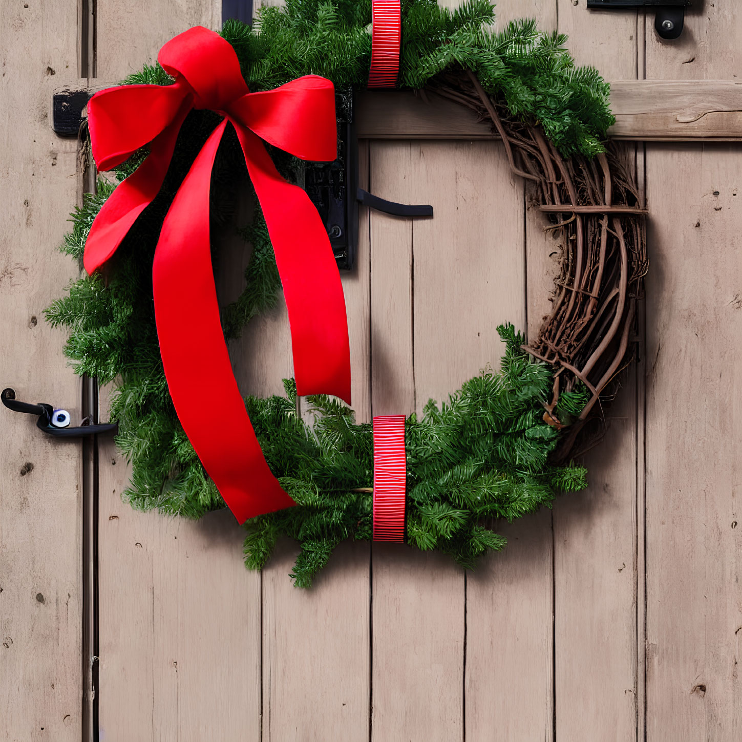 Vibrant red bow on Christmas wreath hanging on wooden door