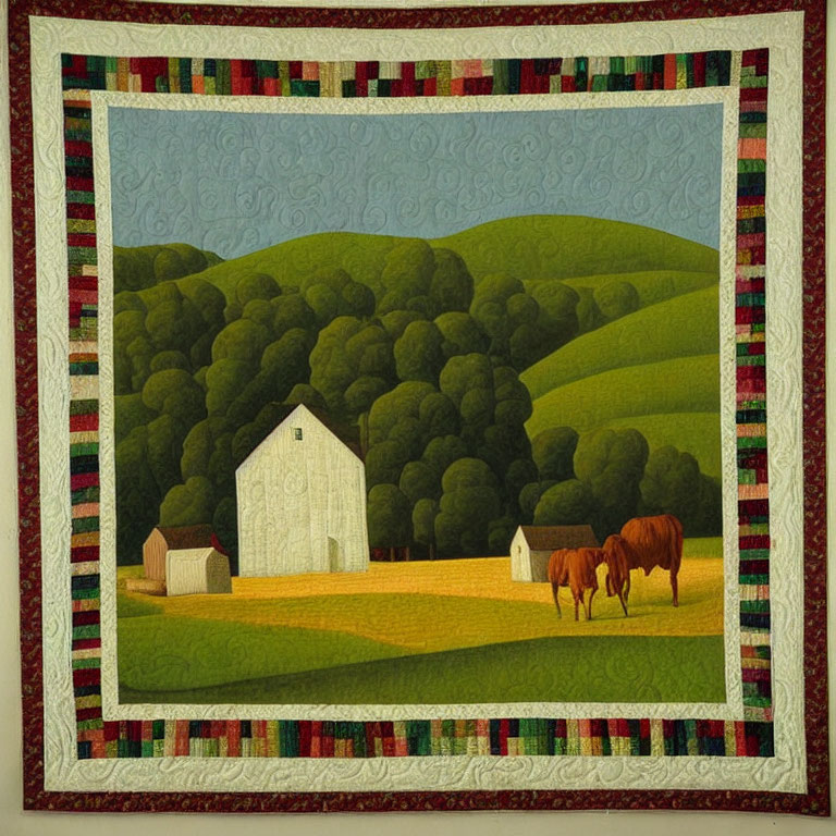 Pastoral scene quilt with white barn, horses, green hills, and patterned border