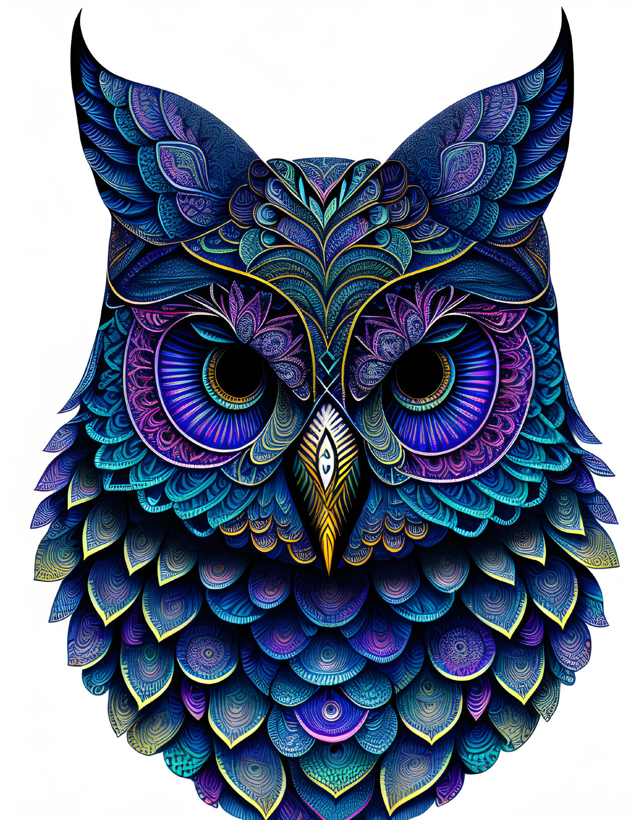 Vibrant owl digital artwork with intricate blue, purple, and yellow patterns