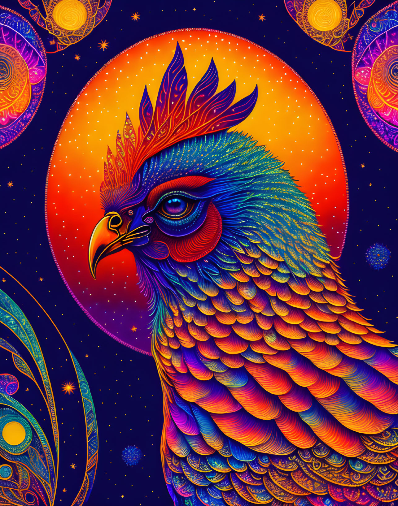 Colorful bird with feathered crown in celestial background.